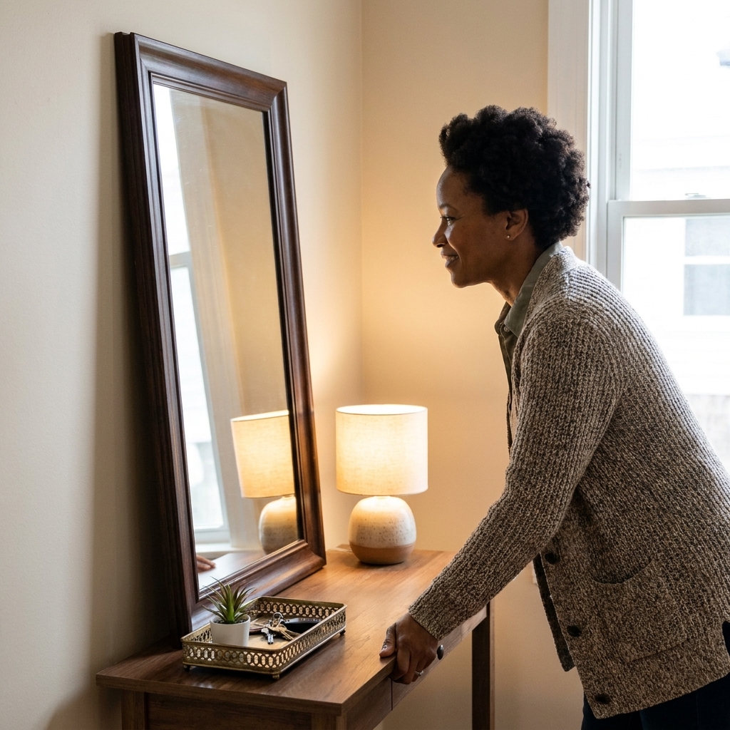 A tall rectangular mirror leaning on a narrow console table in a small entryway, with a lamp and a tray on the tabletop