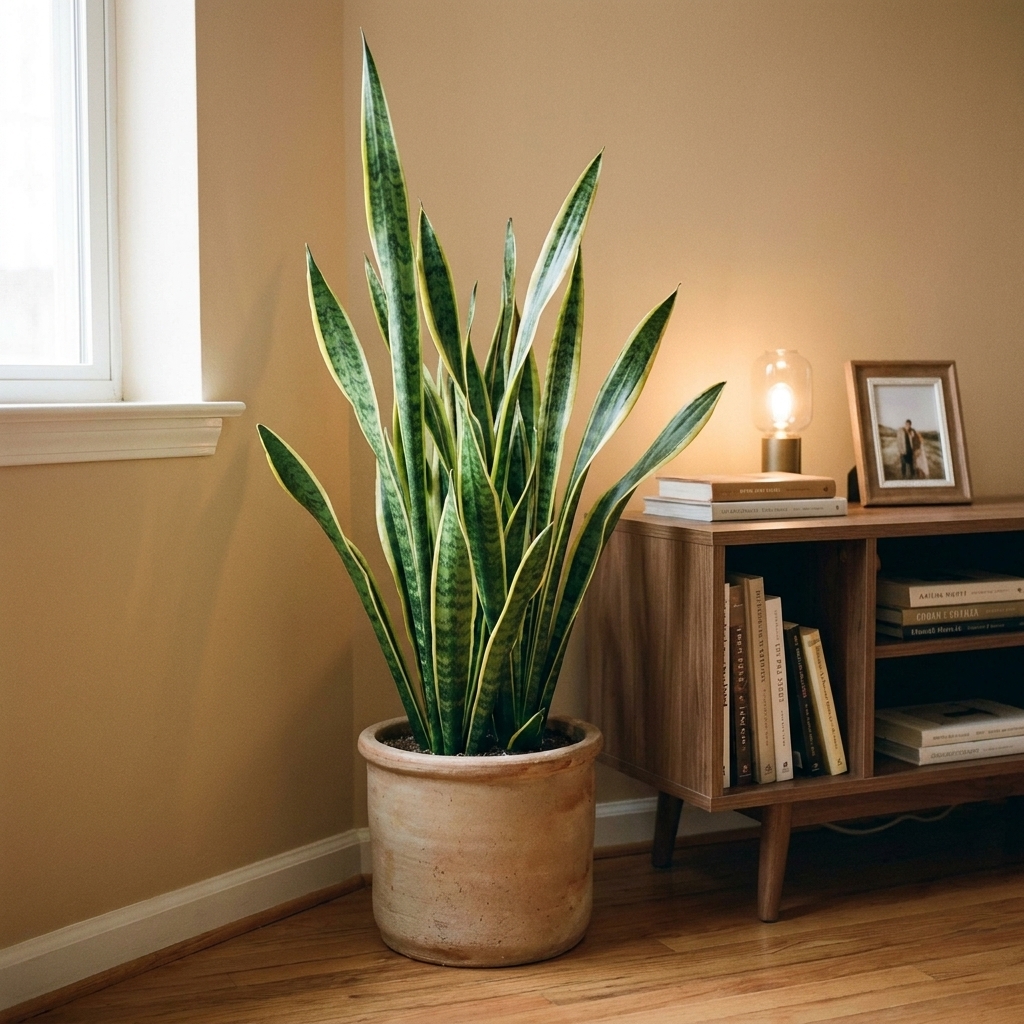 A tall snake plant in a simple ceramic pot placed in the corner of a small apartment living room beside a compact media console