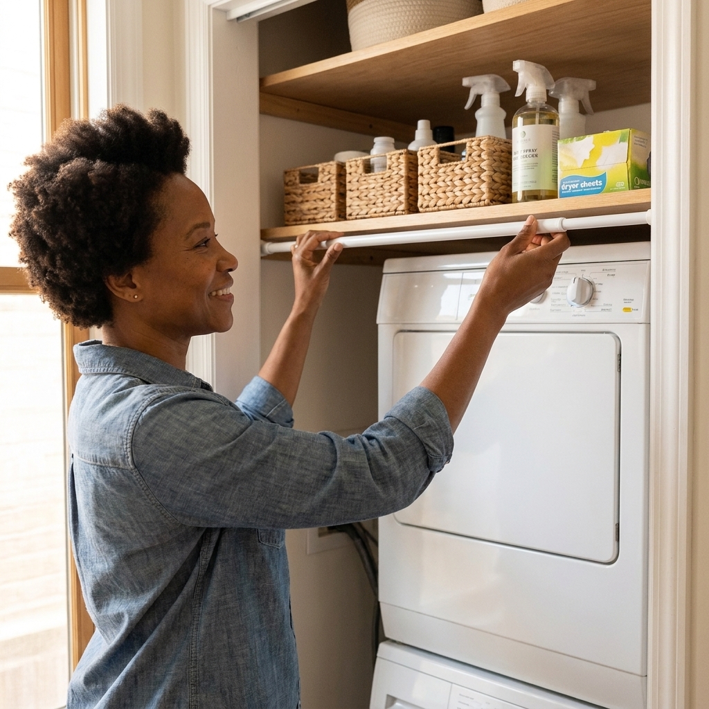 A tension rod installed along the front edge of a laundry closet shelf above a stacked washer and dryer, keeping small bins and supplies from falling.