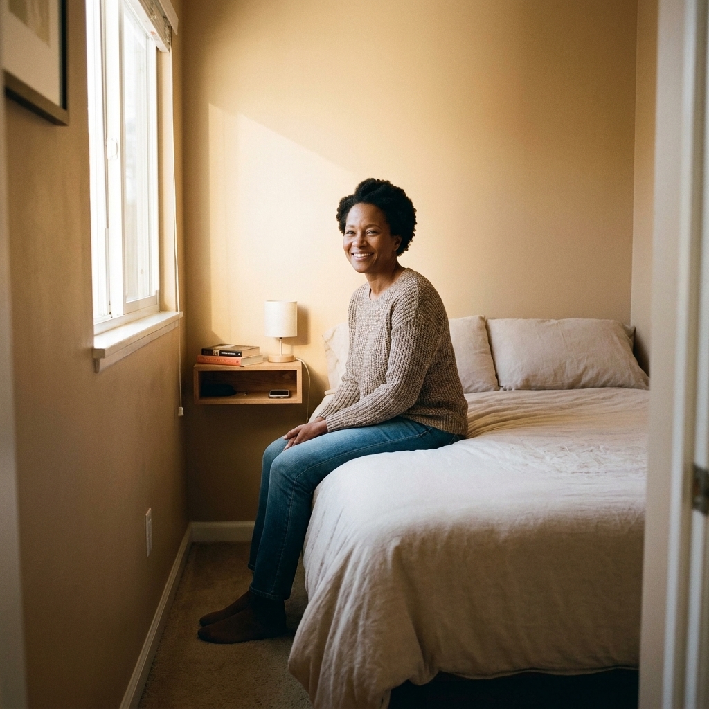 A tiny bedroom with a queen bed placed lengthwise against one wall, leaving a single clear walkway on the open side and a small floating shelf as a bedside surface