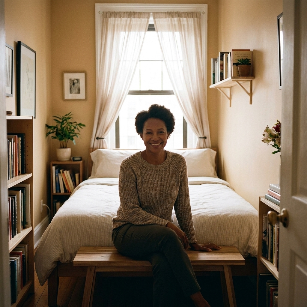 A tiny bedroom with a queen bed placed with the head of the bed beneath a window, light curtains, and a narrow bench at the foot