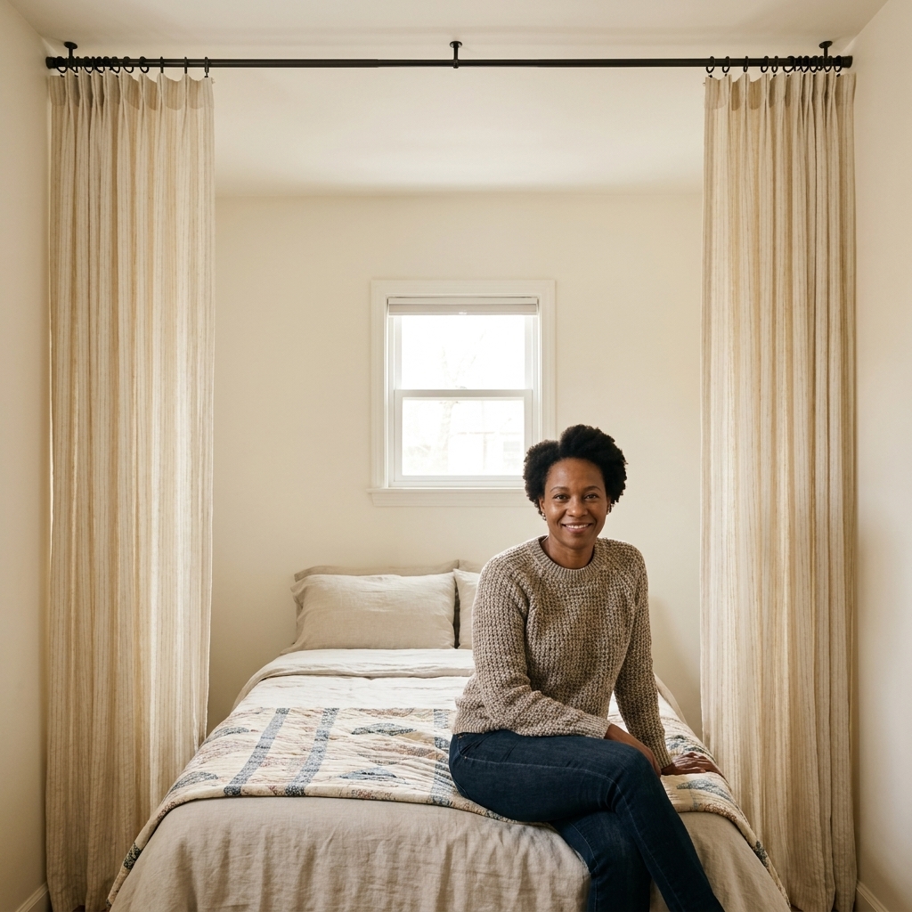 A tiny bedroom with curtain rods mounted close to the ceiling, long curtains framing a window, and a neatly made bed beneath