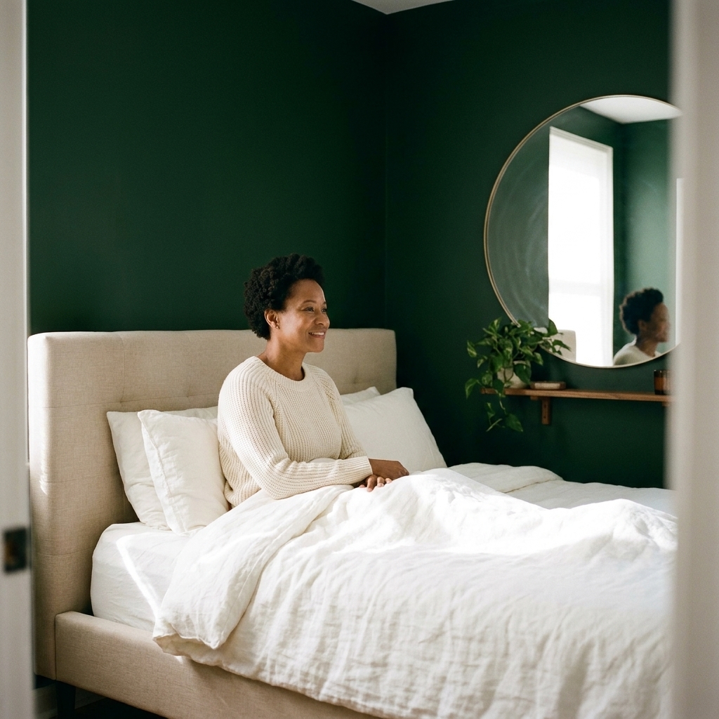 A tiny bedroom with deep green walls, a light upholstered bed, white bedding, and a large mirror reflecting window light