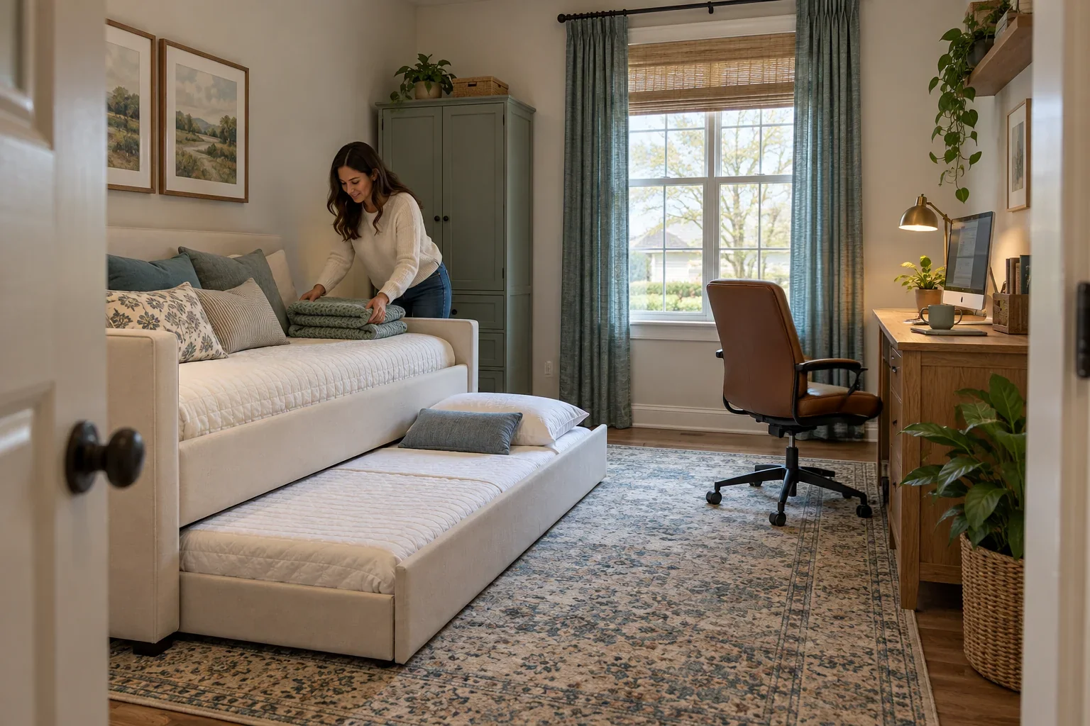 A tiny room with a daybed tucked into a corner and a small L-shaped desk setup along the adjacent walls, with a lamp and floating shelves