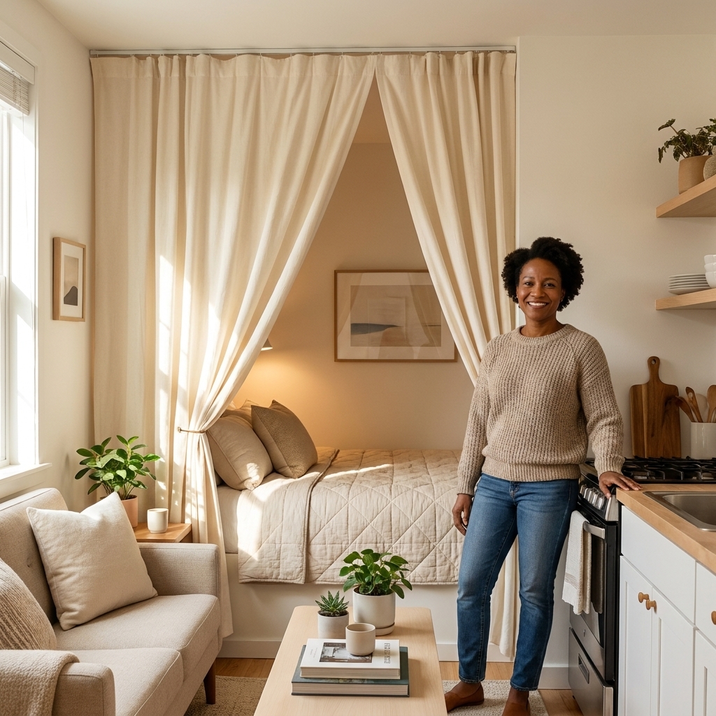 A tiny studio apartment with a ceiling-mounted curtain separating a bed nook from the living area, with the curtain partially open