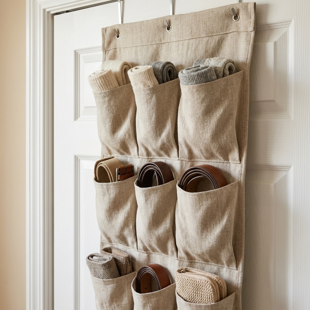 A tone-on-tone fabric over-the-door organizer on a closet door, holding socks, belts, and small accessories in a calm neutral palette