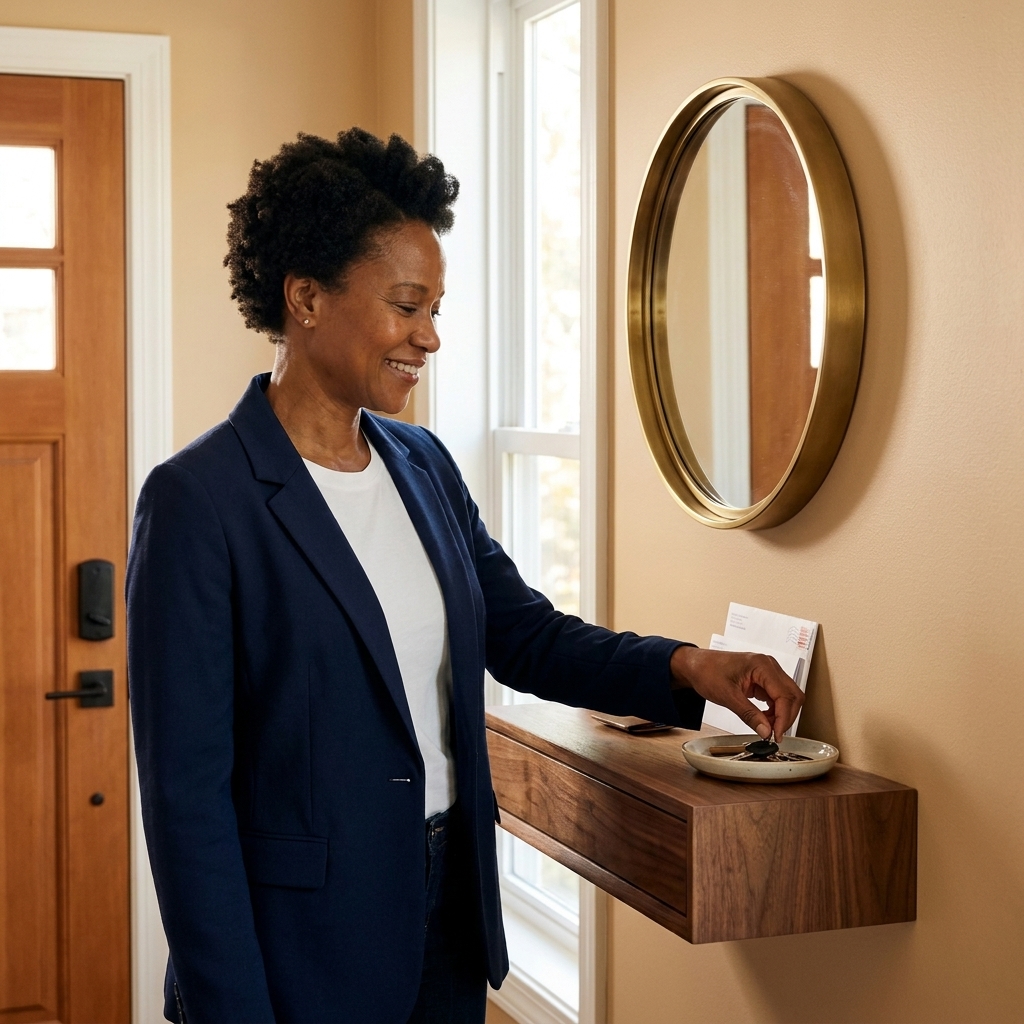 A wall-mounted floating wood shelf used as a mini console table near a front door with a small tray and a round mirror above