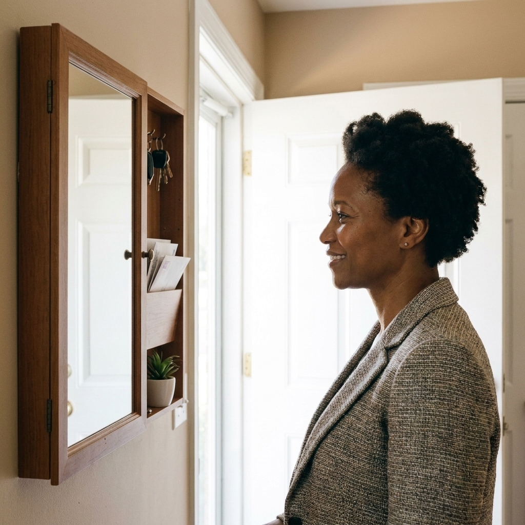A wall-mounted mirror cabinet near a front door with the door slightly open showing small shelves inside