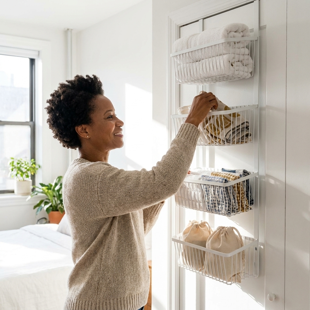 A white powder-coated over-the-door basket organizer on a closet door, holding folded linens and small laundry items in a bright apartment
