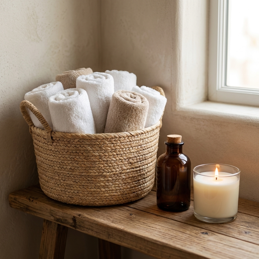 A woven basket on a bathroom shelf filled with neatly rolled white and beige towels, styled next to a small amber bottle and a candle