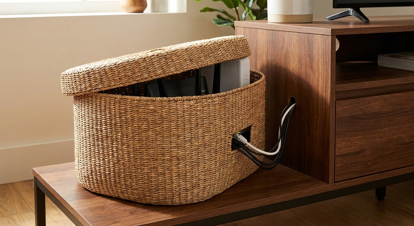 A woven lidded basket placed on a lower shelf beside a media console, subtly hiding a router and modem with cords routed out the back