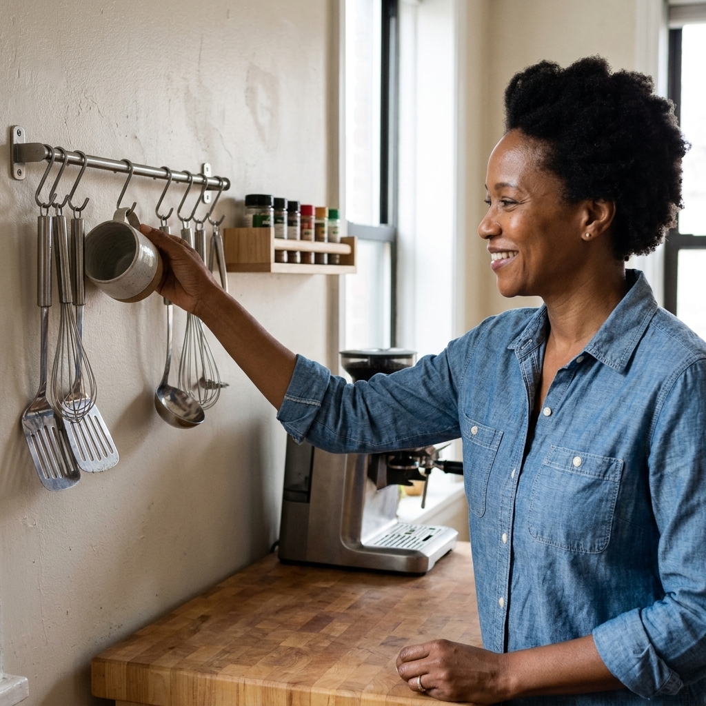An apartment kitchen wall with a mounted metal rail holding utensils, a small shelf, and a couple of hanging mugs above a compact counter