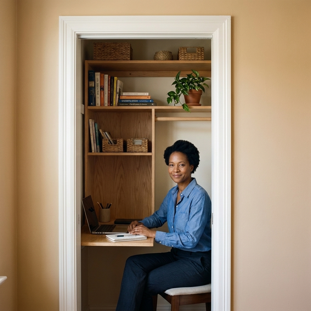 An open closet opening with doors removed, revealing a small built-in desk and shelves inside