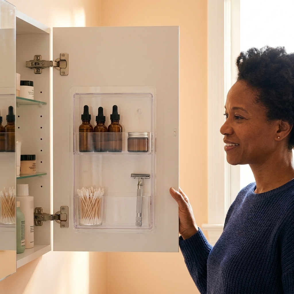 An open medicine cabinet with a slim organizer attached to the inside of the door holding small skincare bottles, cotton swabs, and a razor