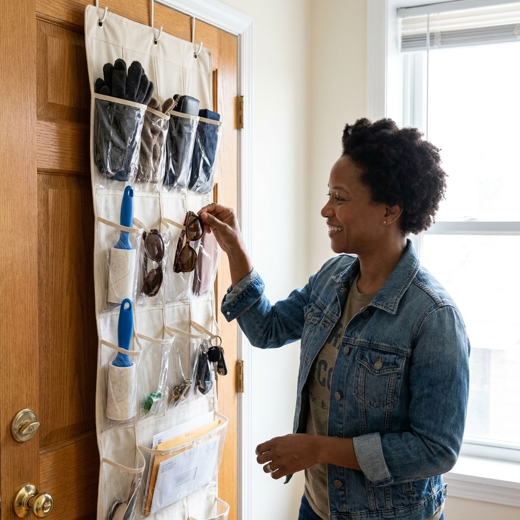 An over-the-door organizer hanging on an apartment front door holding small items like gloves, sunglasses, and a lint roller