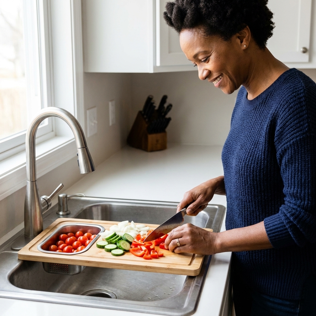 An over-the-sink cutting board spanning a stainless sink with chopped vegetables on top and a small colander insert
