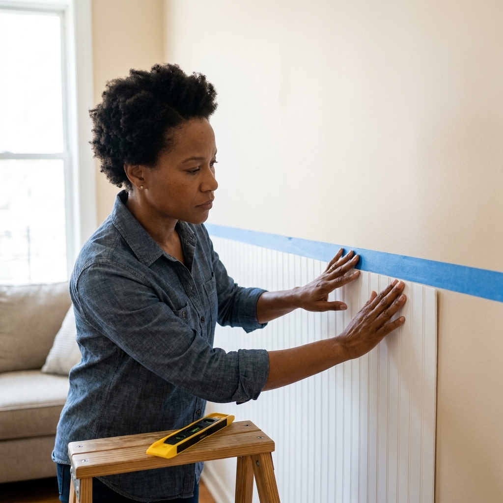 Hands applying a peel-and-stick wainscoting panel to a smooth apartment wall, with painter’s tape marking a level line and a small level tool resting on a nearby step stool