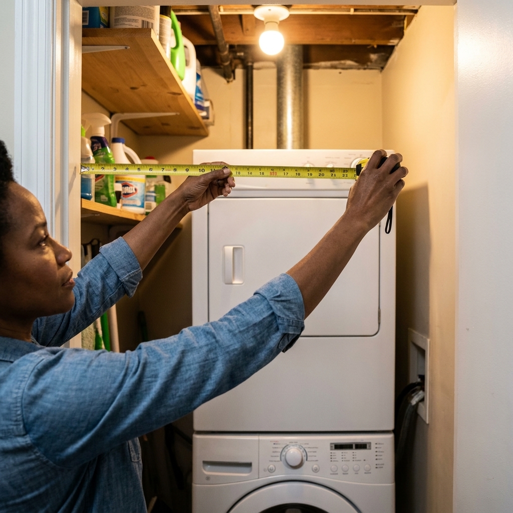 Hands holding a tape measure inside a narrow laundry closet, measuring the depth above a stacked washer and dryer.