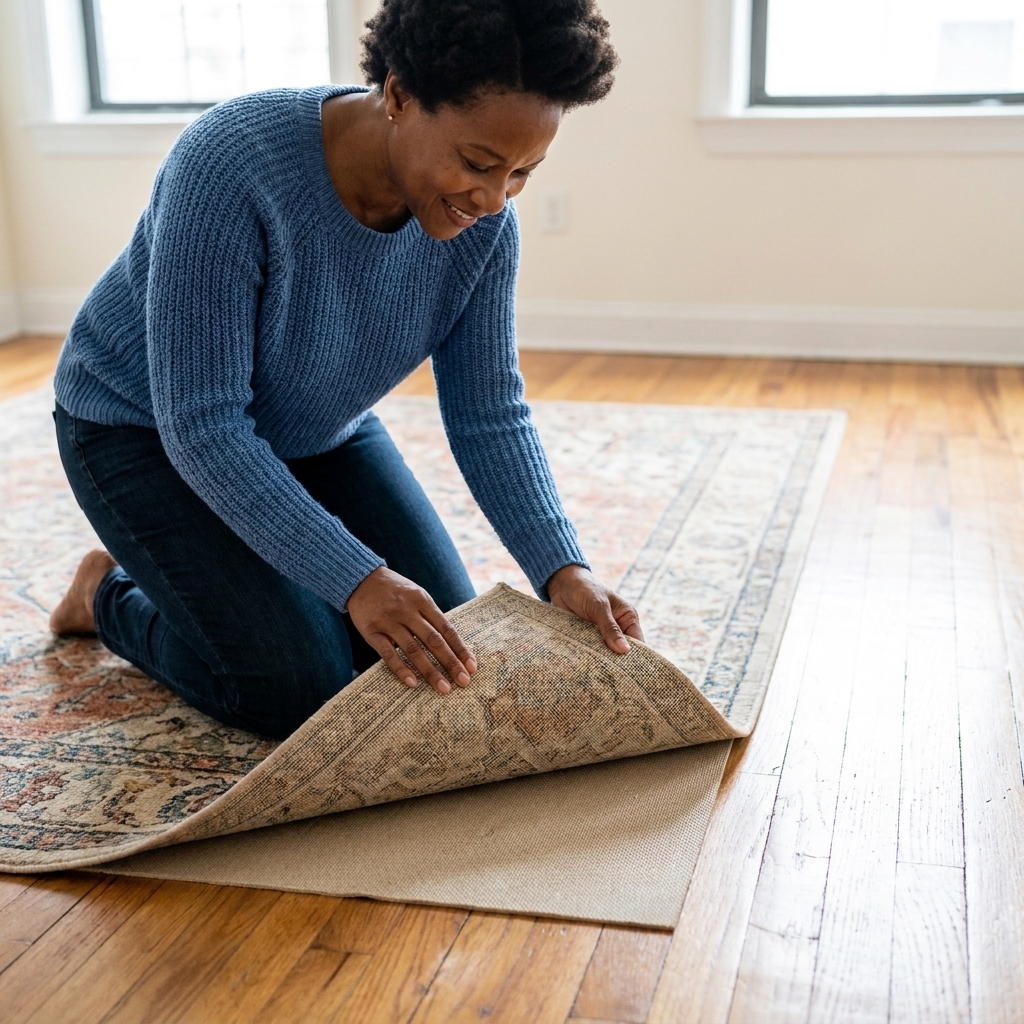 Hands lifting the corner of a large area rug to reveal a thin non-slip rug pad on a hard apartment floor