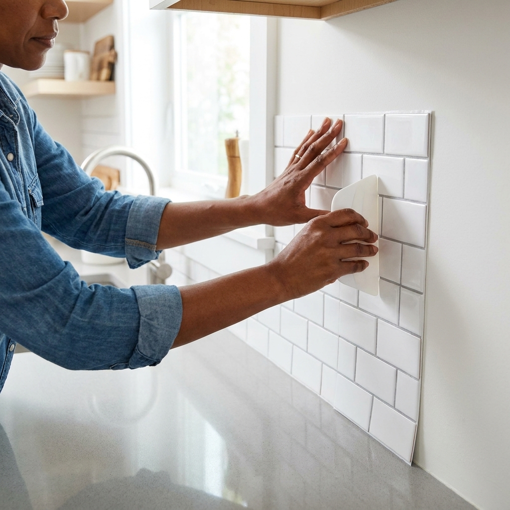 Hands smoothing a peel-and-stick backsplash tile onto a clean kitchen wall above a countertop using a plastic smoothing tool