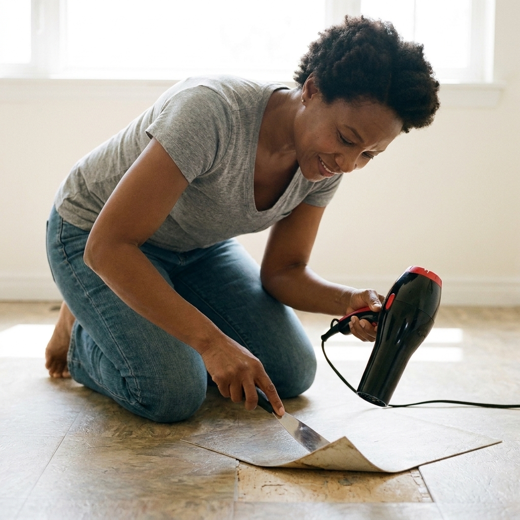 Hands using a hair dryer to warm a corner of a vinyl floor tile, lifting it slowly to show it can be removed