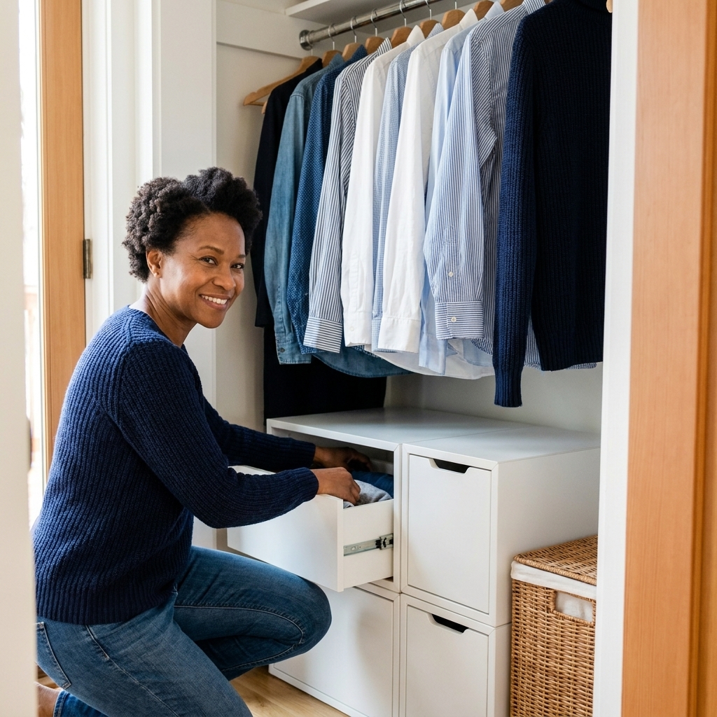 Inside a small reach-in closet with two modular drawer units placed on the floor under hanging shirts, with a small bin beside them