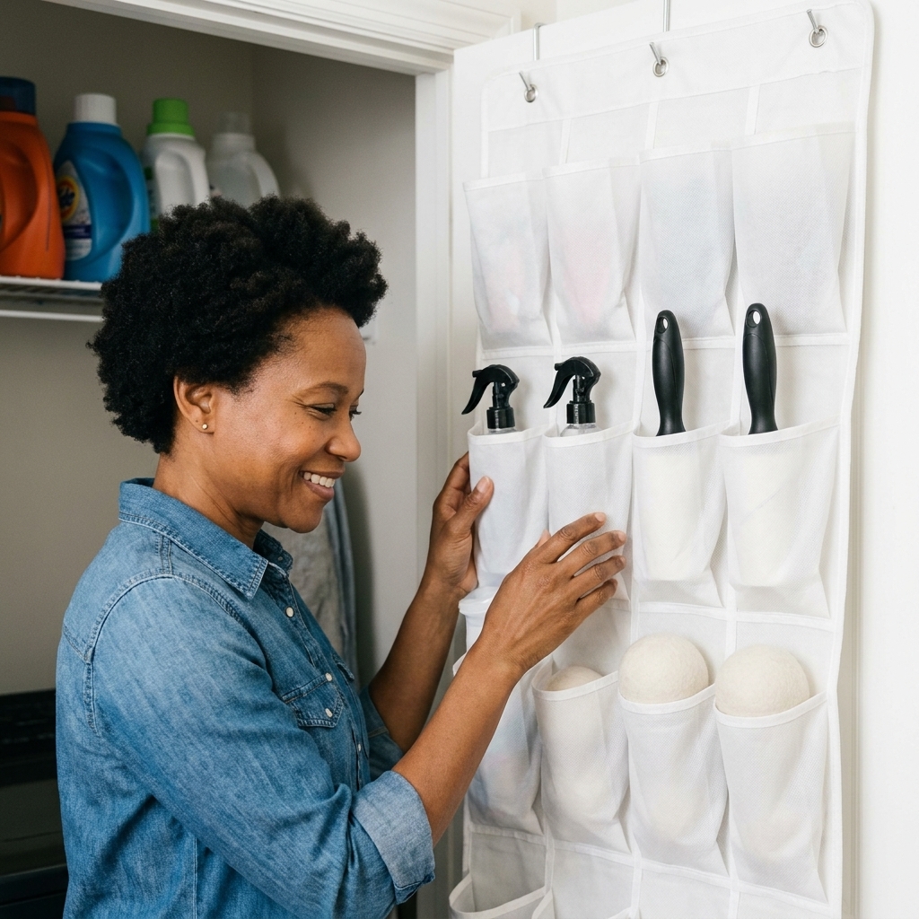 Inside of a laundry closet door with an over-the-door organizer holding small cleaning supplies, lint rollers, and dryer balls.