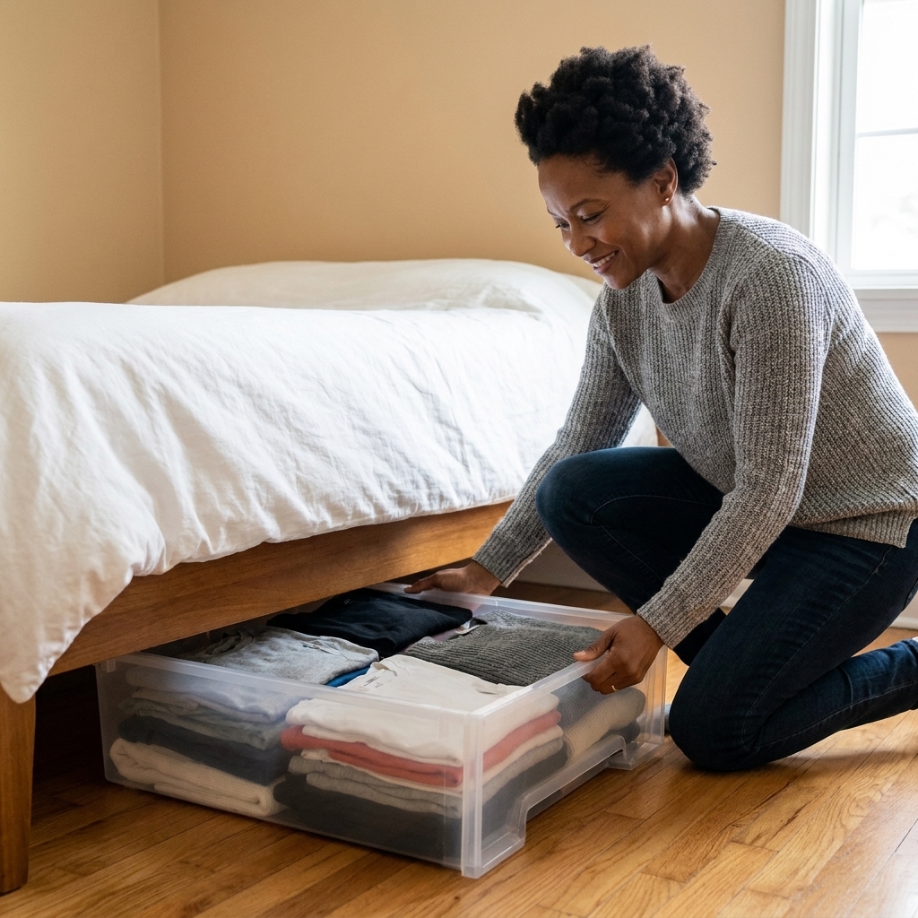 Low-profile storage bins filled with folded clothes sliding out from under a bed
