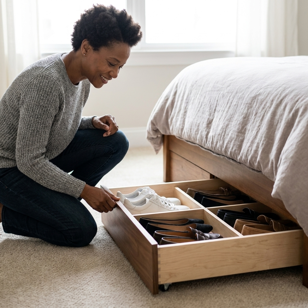 Low-profile under-bed shoe drawer pulled out, neatly holding sneakers and flats in individual compartments