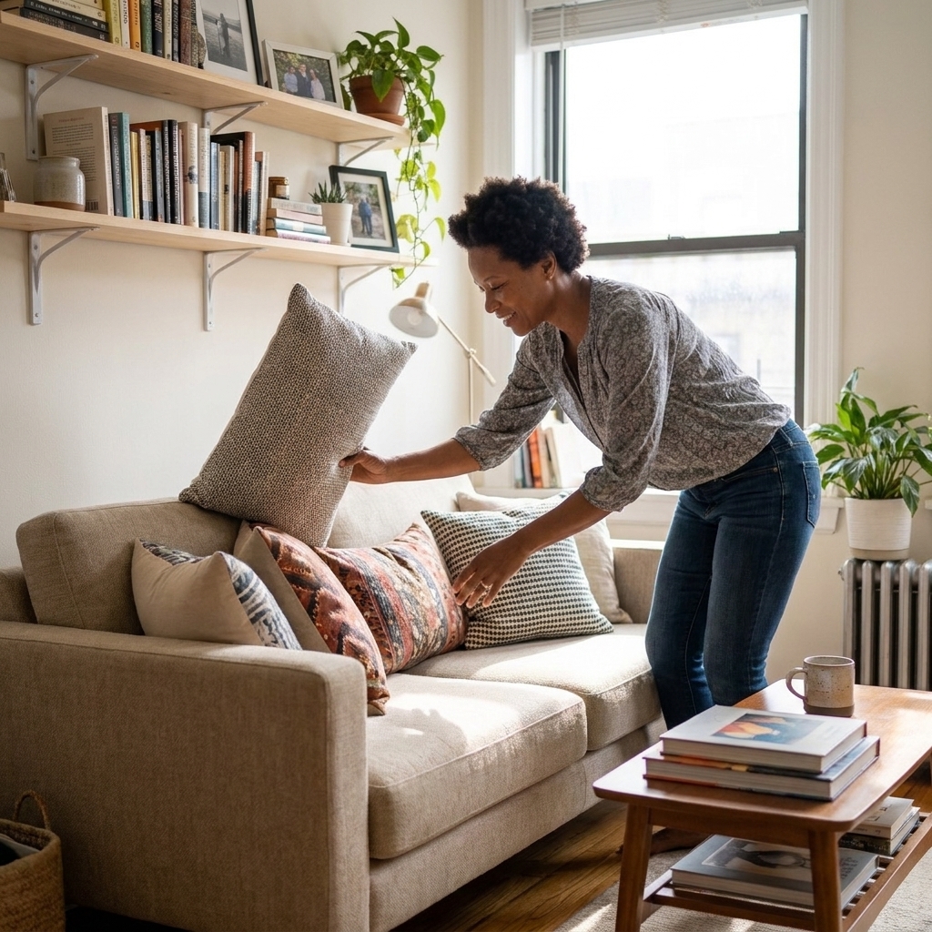 Maya Brooks adjusting throw pillows on a compact sofa in a bright studio apartment with a small coffee table and wall-mounted shelves