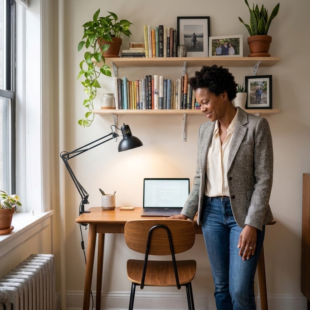 Maya Brooks standing beside a slim desk in a small apartment corner office setup, with a task lamp, a compact chair, and neatly organized shelves above