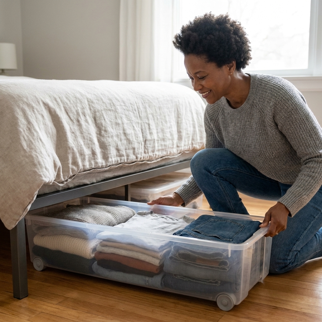 Person pulling a slim rolling under-bed bin from beneath a bed frame, showing folded clothing inside