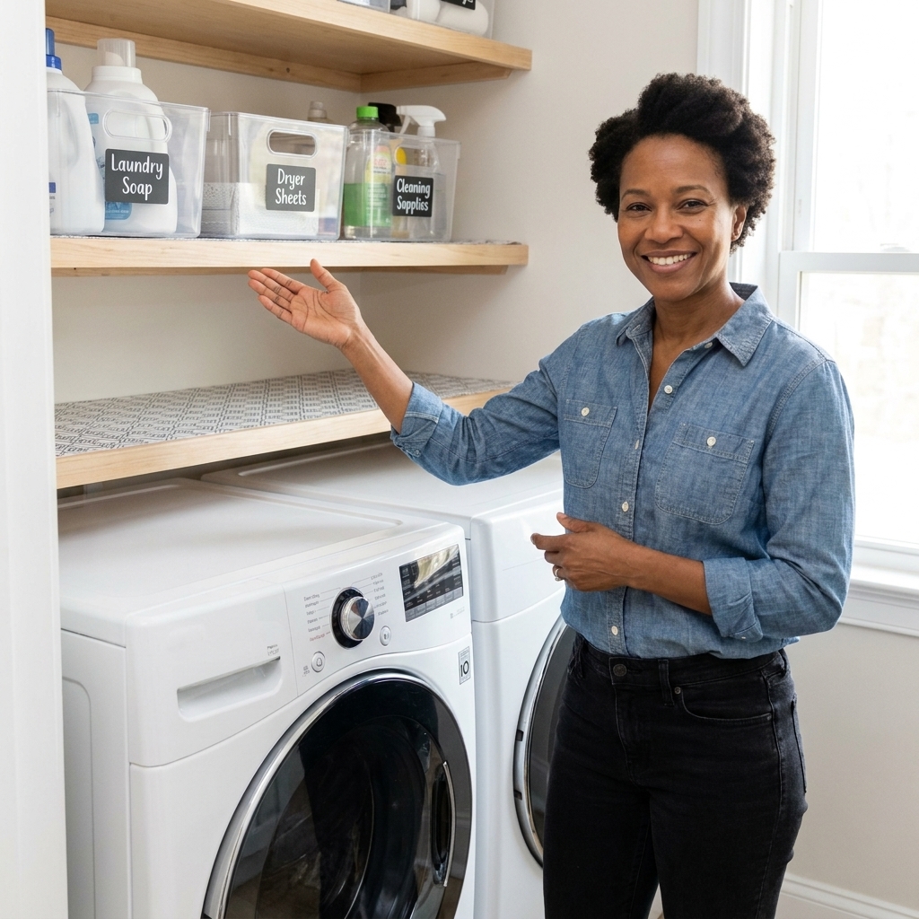 Plastic storage bins neatly arranged on shallow shelves above a stacked washer and dryer, with non-slip shelf liner visible underneath.