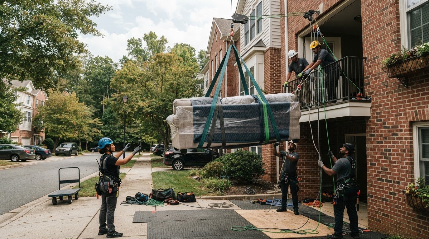 Professional movers lifting a wrapped sofa up toward an open apartment window from the street using straps.