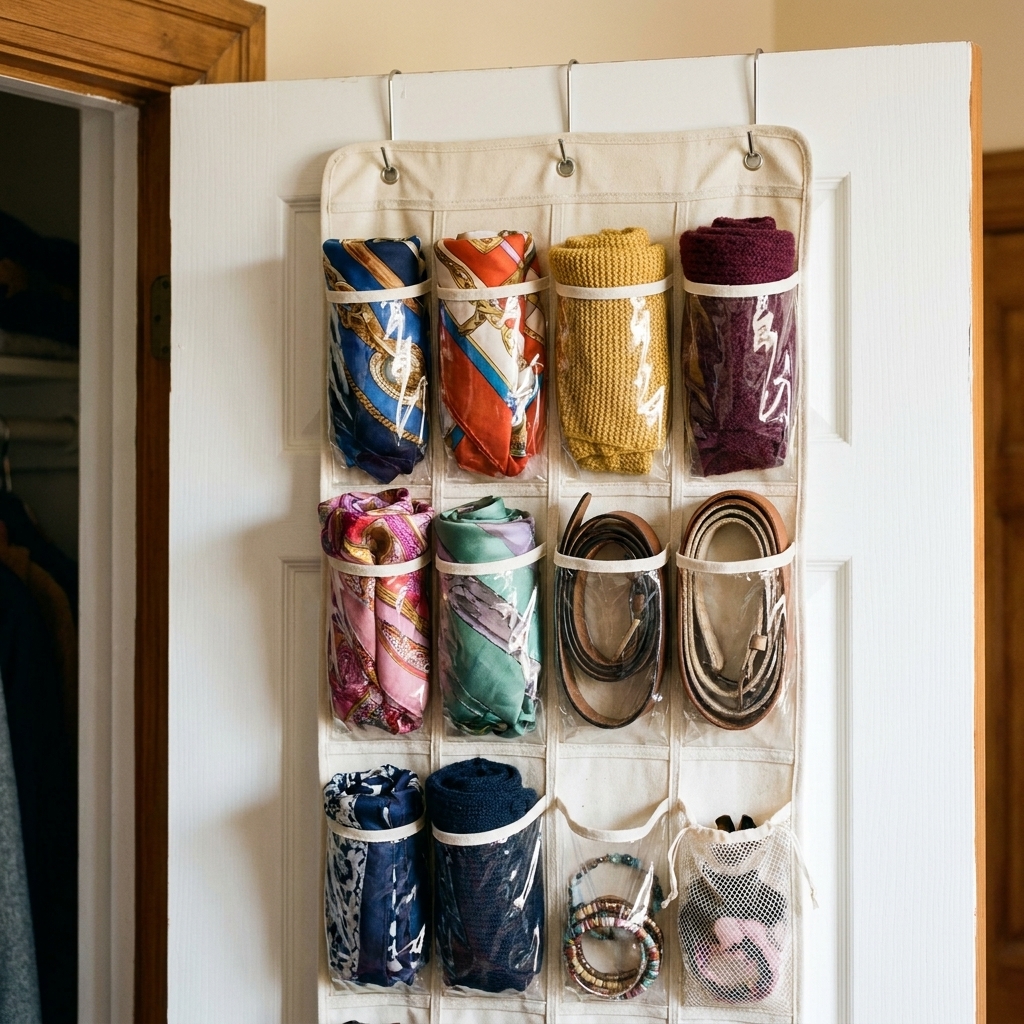 The back of a closet door with an over-the-door organizer holding scarves, belts, and small accessories