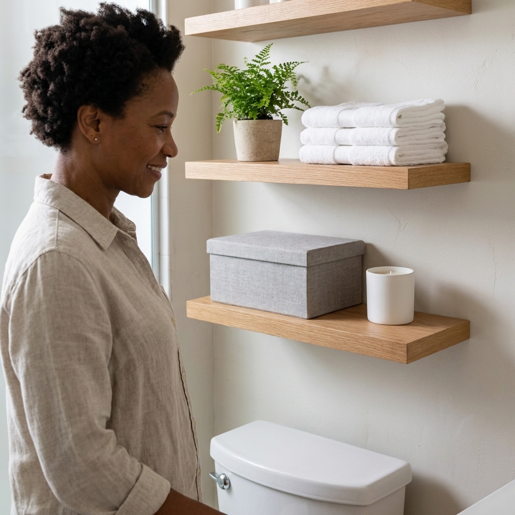 Two floating shelves above a toilet styled with a small plant, neatly folded white towels, a lidded storage box, and a simple candle in a calm, minimal arrangement