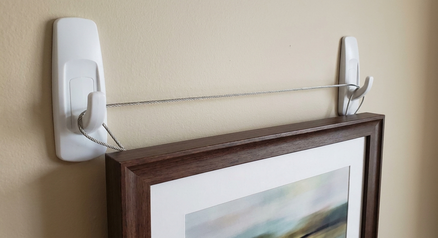 Two heavy-duty adhesive wall hooks evenly spaced and holding a framed artwork by its hanging wire on a smooth painted wall