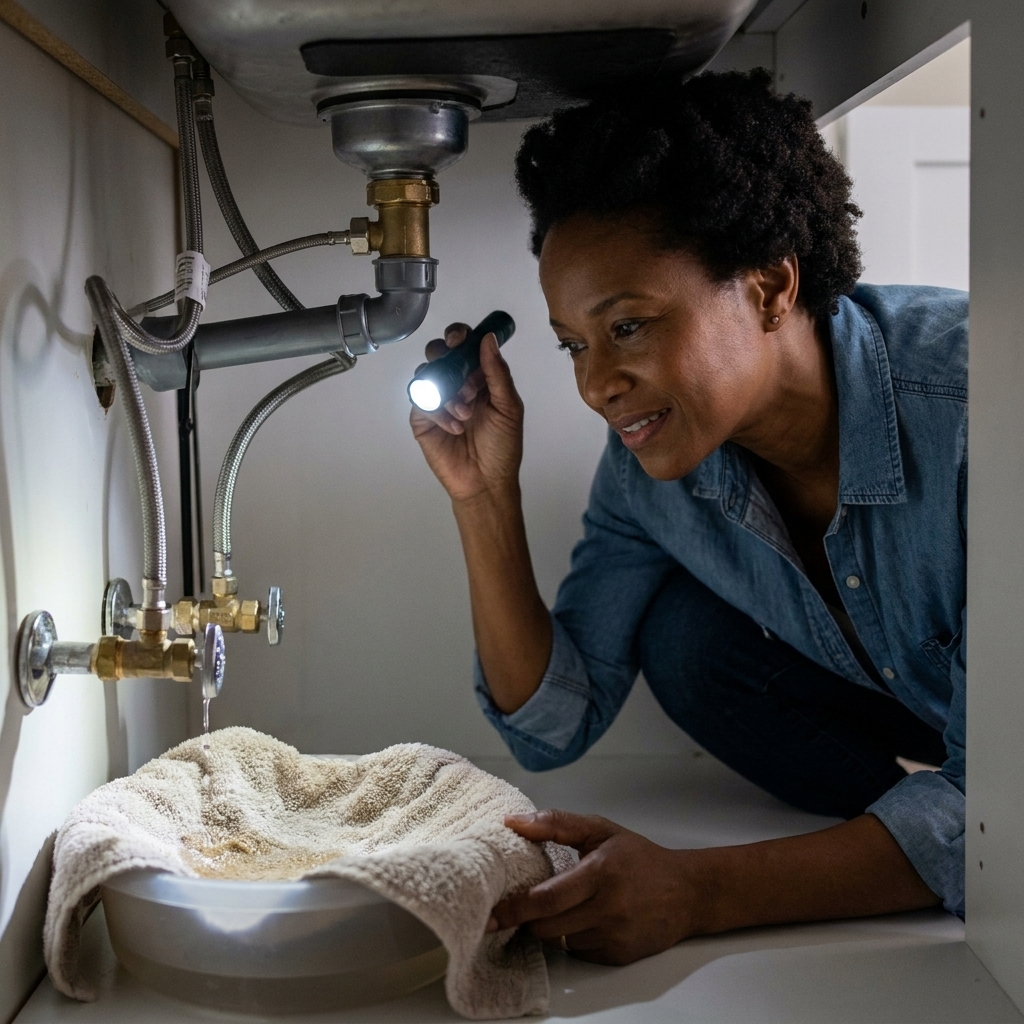 Under a small apartment kitchen sink showing hot and cold shutoff valves and supply lines with a towel placed below for drips